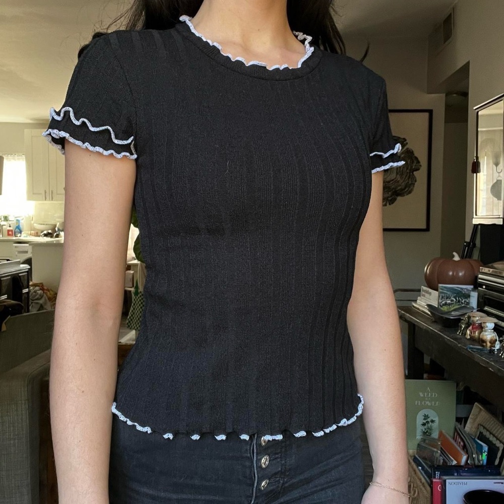 Black Ruffled Trim Top